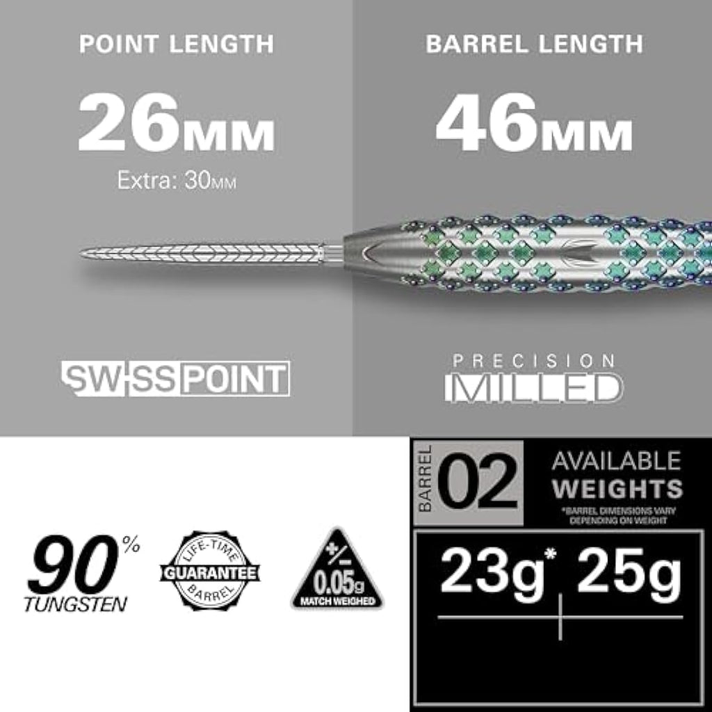 TARGET Darts Rove Steel Tip Swiss Point Darts, 90% Tungsten Dart Set | Steel Tip Dart, Green & Silver Darts, Professional Dart Set with Swiss Points & Tool | Barrel 01/02/03 –22G/23G/24G/25G
