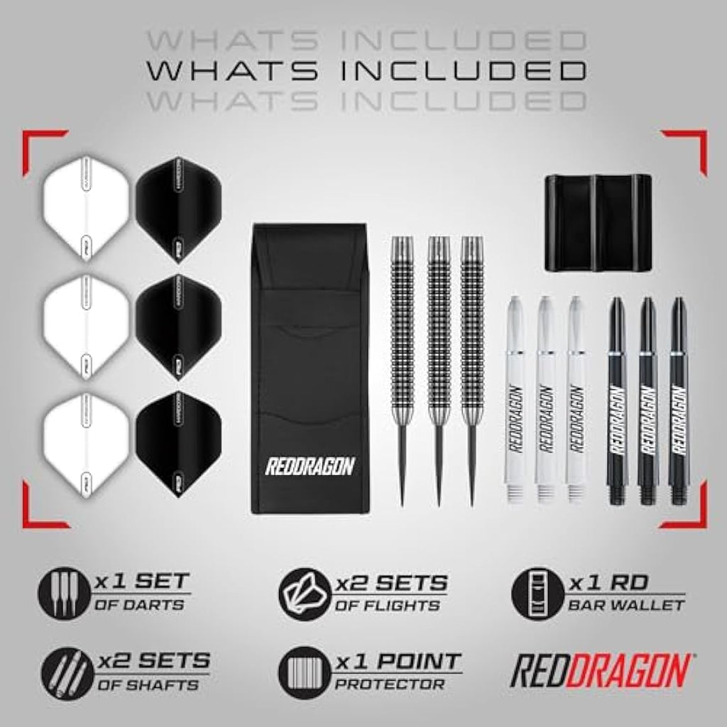 RED DRAGON Pegasus Professional Tungsten Steeltip Darts Set Available in 21, 23, 24, 25, 26, 28, 30 Gram with Flights, Stems (Shafts) and Wallet