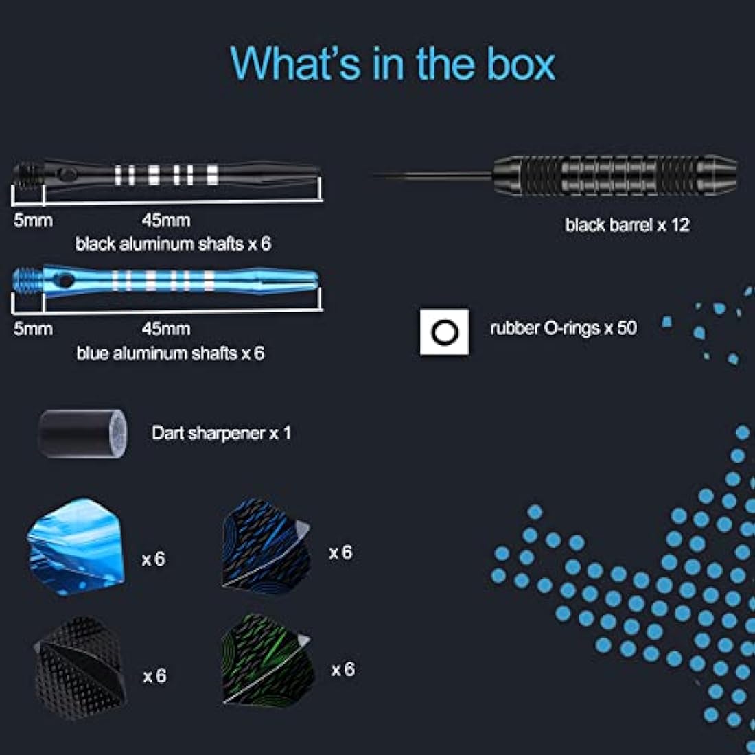 DARTSPACE 12 Pack Steel Tip Darts Set 22 24 Grams, Metal Tip Darts with Premium Black Blue Purple Darts Stem 24 Flights Extra 50 Rubber O-Rings 1 Dart Sharpener for Dart Board