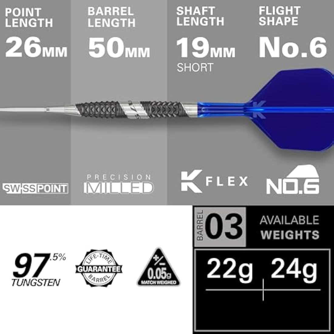 TARGET Darts 975 Ultra Marine 97.5% Tungsten Swiss Point Steel Tip Darts Set with K-Flex