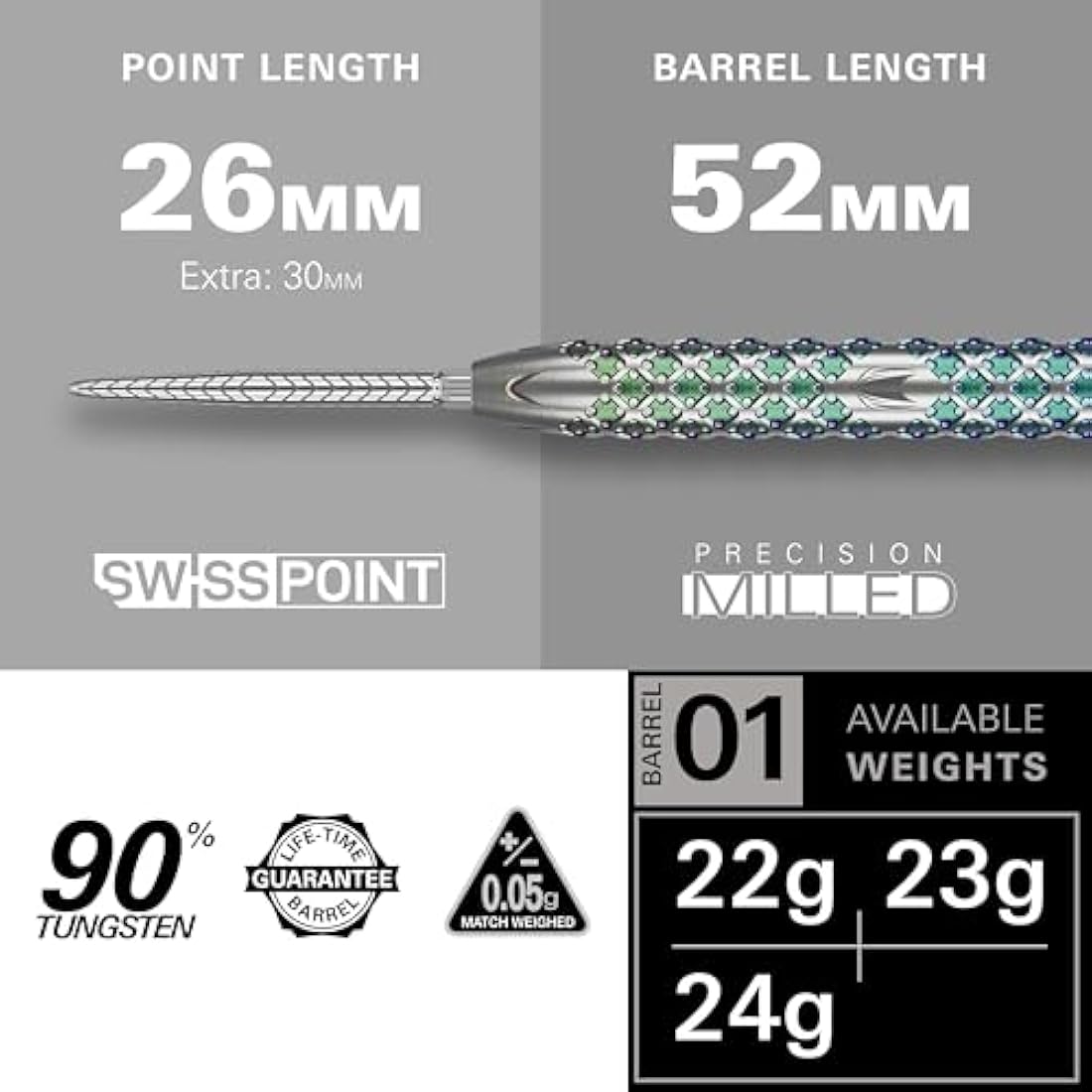 TARGET Darts Rove Steel Tip Swiss Point Darts, 90% Tungsten Dart Set | Steel Tip Dart, Green & Silver Darts, Professional Dart Set with Swiss Points & Tool | Barrel 01/02/03 –22G/23G/24G/25G