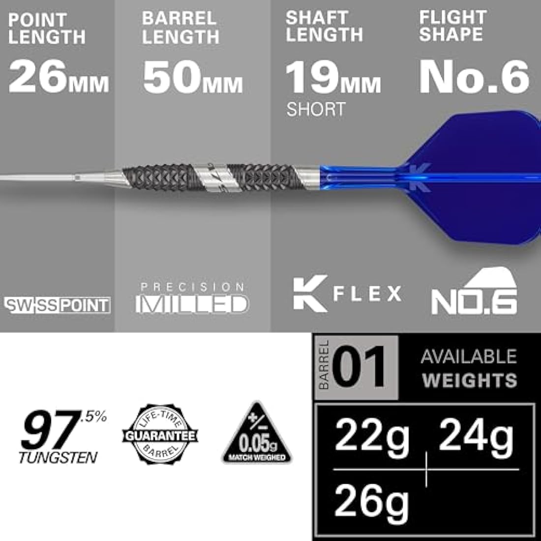 TARGET Darts 975 Ultra Marine 97.5% Tungsten Swiss Point Steel Tip Darts Set with K-Flex