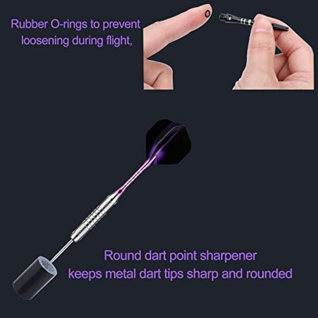 DARTSPACE 12 Pack Steel Tip Darts Set 22 24 Grams, Metal Tip Darts with Premium Black Blue Purple Darts Stem 24 Flights Extra 50 Rubber O-Rings 1 Dart Sharpener for Dart Board