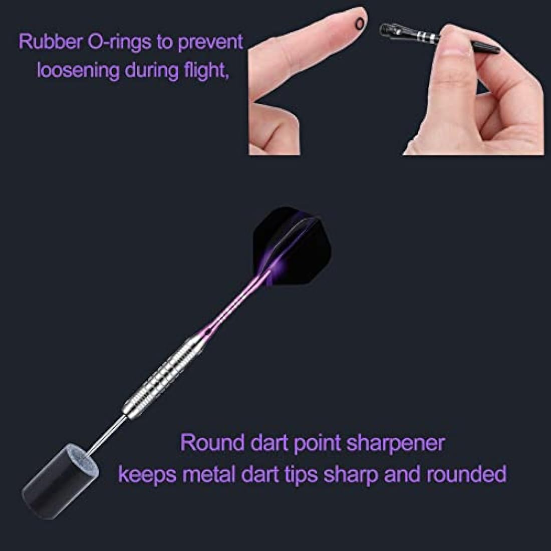 DARTSPACE 12 Pack Steel Tip Darts Set 22 24 Grams, Metal Tip Darts with Premium Black Blue Purple Darts Stem 24 Flights Extra 50 Rubber O-Rings 1 Dart Sharpener for Dart Board