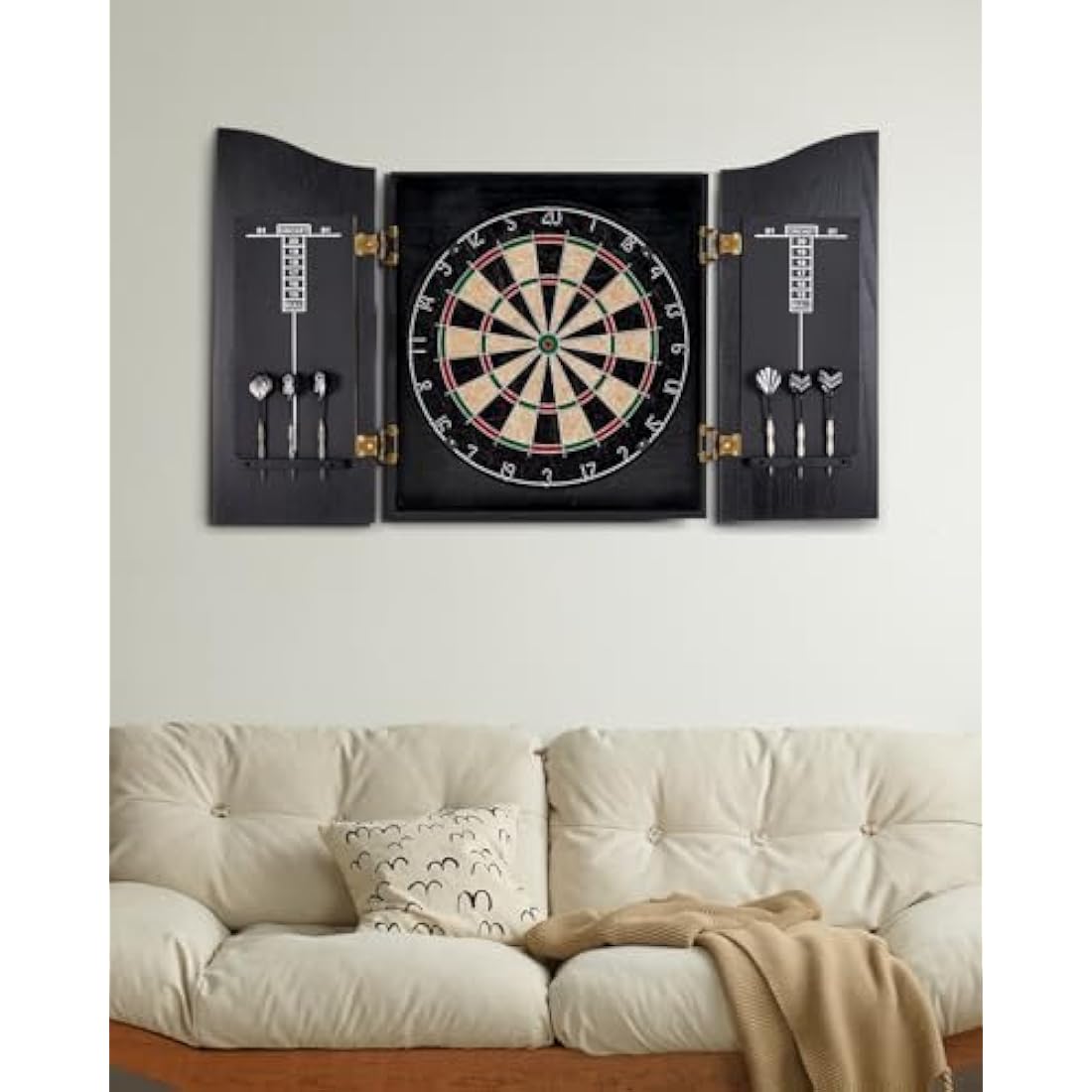 Yirinatek Sisal Dart Board Cabinet Sets, Professional Dart Boards Set [12*Steel Darts] - Wooden Dartboard Cabinet with Integrated Scoreboard for Family Game Rooms