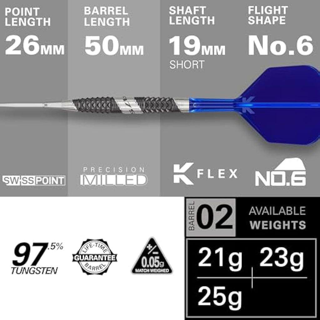 TARGET Darts 975 Ultra Marine 97.5% Tungsten Swiss Point Steel Tip Darts Set with K-Flex