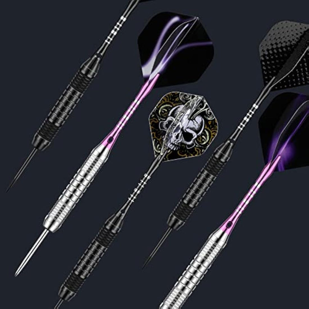 DARTSPACE 12 Pack Steel Tip Darts Set 22 24 Grams, Metal Tip Darts with Premium Black Blue Purple Darts Stem 24 Flights Extra 50 Rubber O-Rings 1 Dart Sharpener for Dart Board