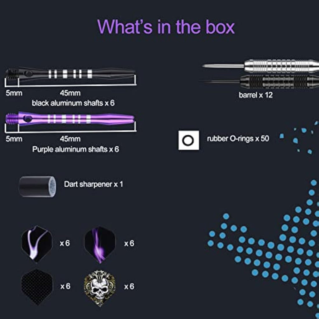DARTSPACE 12 Pack Steel Tip Darts Set 22 24 Grams, Metal Tip Darts with Premium Black Blue Purple Darts Stem 24 Flights Extra 50 Rubber O-Rings 1 Dart Sharpener for Dart Board