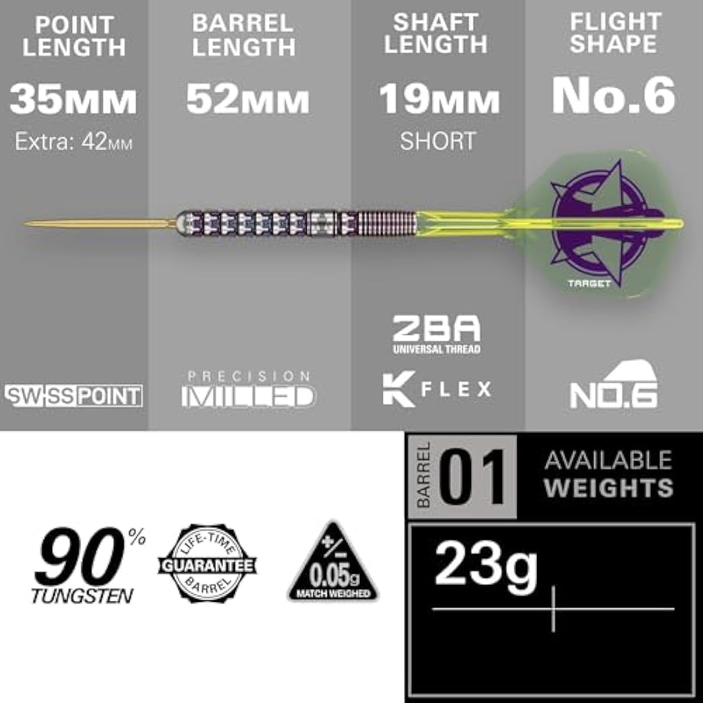 Target Darts Luke Littler World Champion Steel Tip Swiss Point Darts, 90% Tungsten Dart Set, 23G | The Nuke 2025 Special Edition K-Flex, Key Ring, Spare SLK Swiss Points and Premium Tool Included