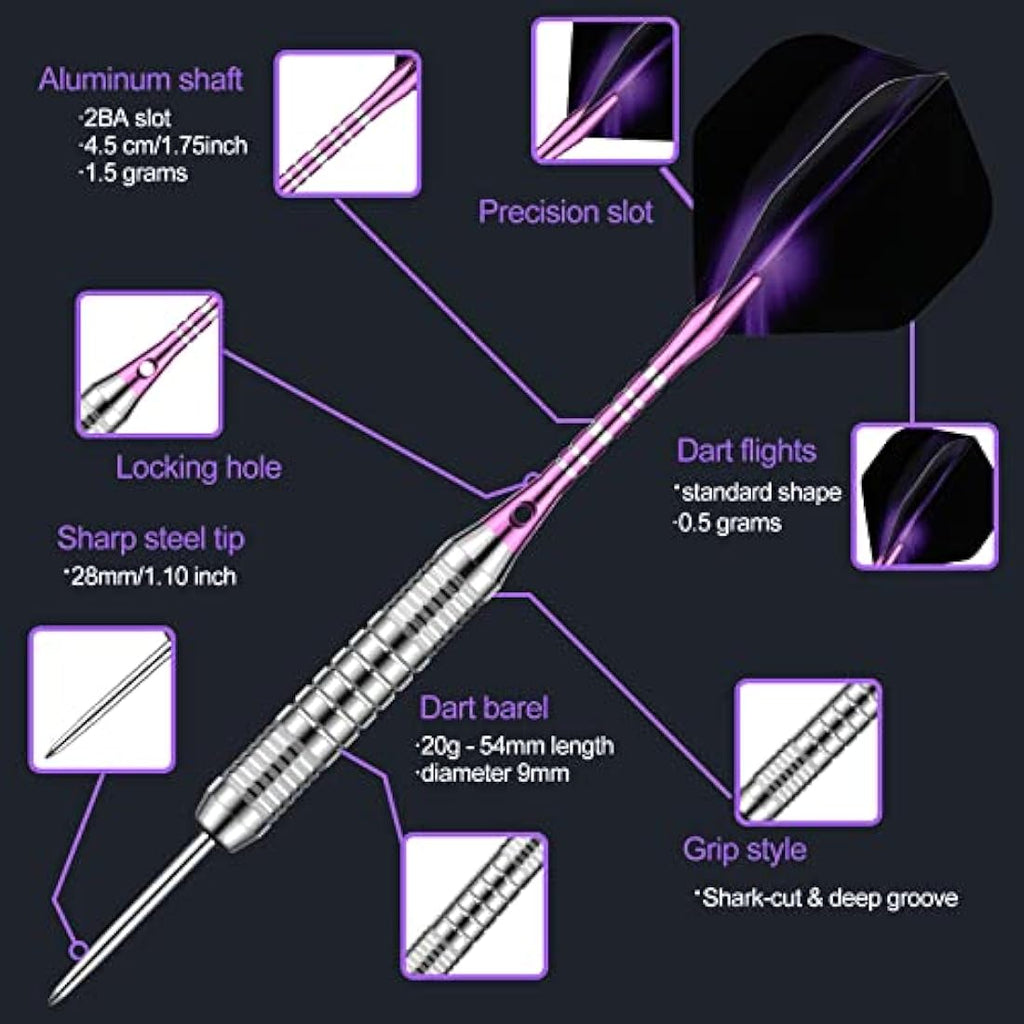 DARTSPACE 12 Pack Steel Tip Darts Set 22 24 Grams, Metal Tip Darts with Premium Black Blue Purple Darts Stem 24 Flights Extra 50 Rubber O-Rings 1 Dart Sharpener for Dart Board