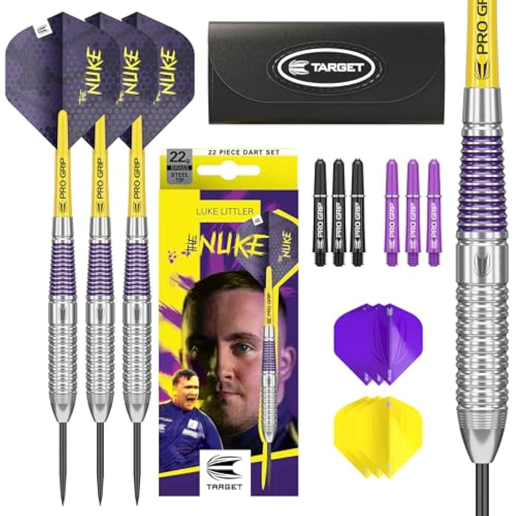 TARGET Darts Luke Littler Set – 22G Steel Tip Brass Darts or 85-Piece Dart Accessories Pack | The Nuke Player Edition Professional Darts & Accessories, Pro Grip Dart Shafts, Pro Ultra Flights