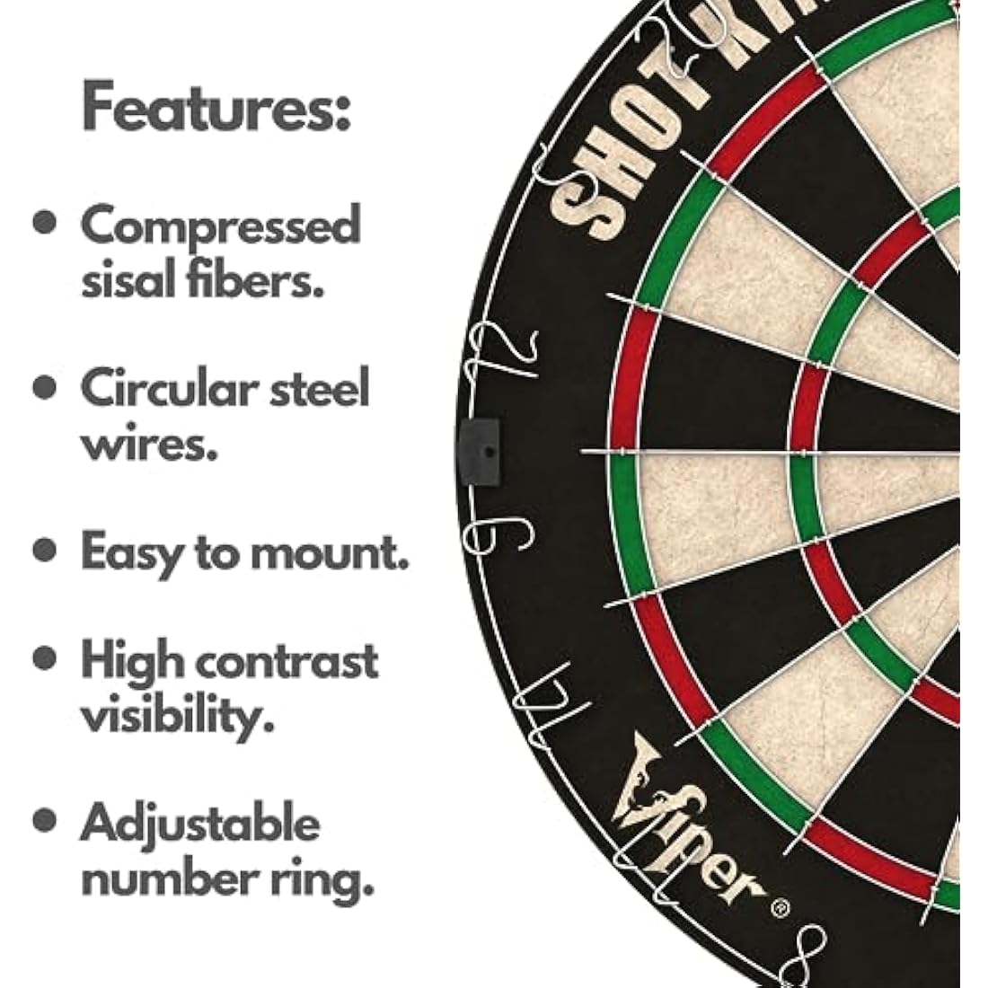 Shot King Regulation Bristle Steel Tip Dartboard Set with Staple-Free Bullseye, Galvanized Metal Radial Spider Wire Includes 6 Darts, Black, 17.75 inch