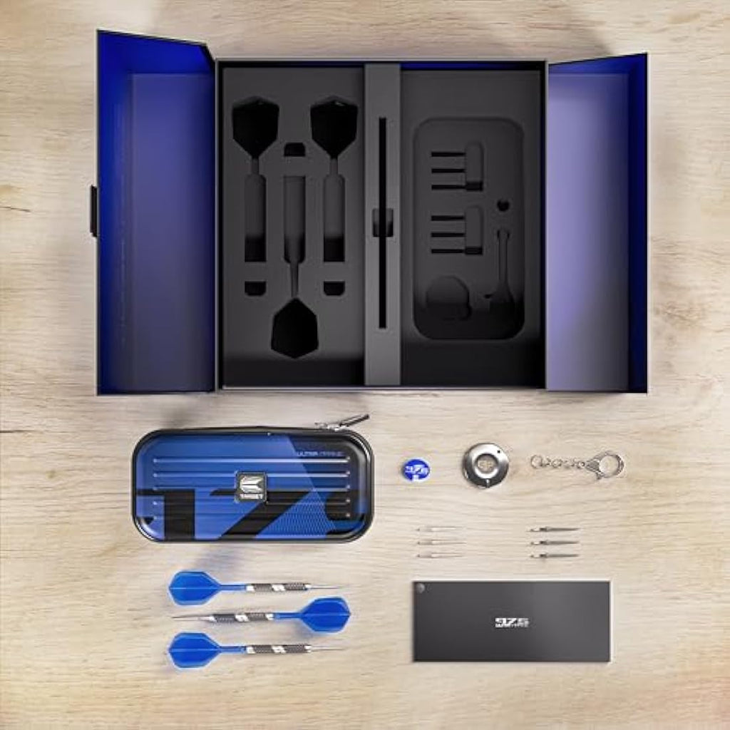 TARGET Darts 975 Ultra Marine 97.5% Tungsten Swiss Point Steel Tip Darts Set with K-Flex