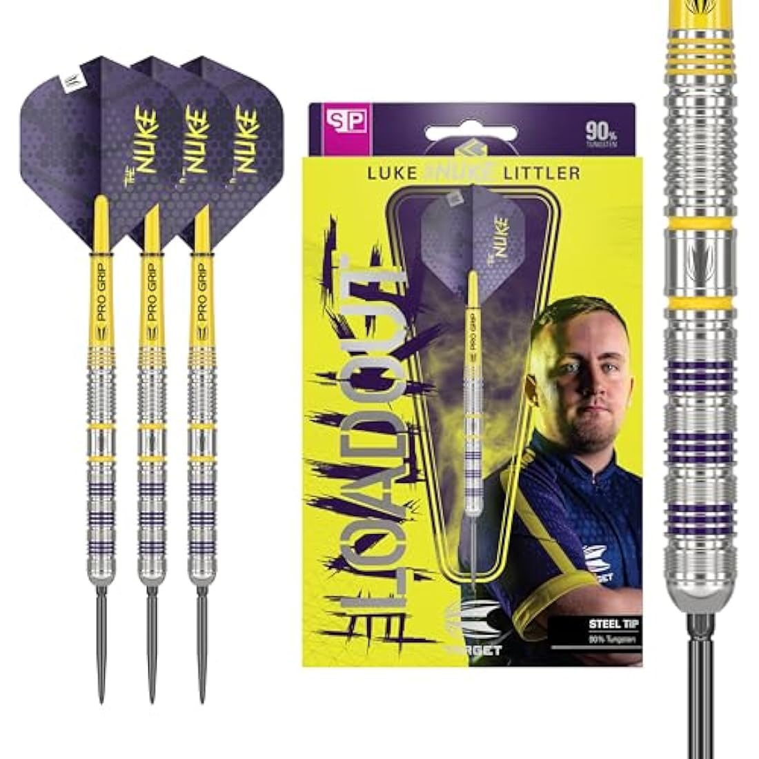 TARGET Darts Luke Littler Loadout Steel Tip Swiss Point Darts, 90% Tungsten Dart, 22G/23G/24G | Steel Tip Dart Set, Player Edition Swiss Points Dart Sets with Tool, Pro Grip Shafts & No.2 Flights