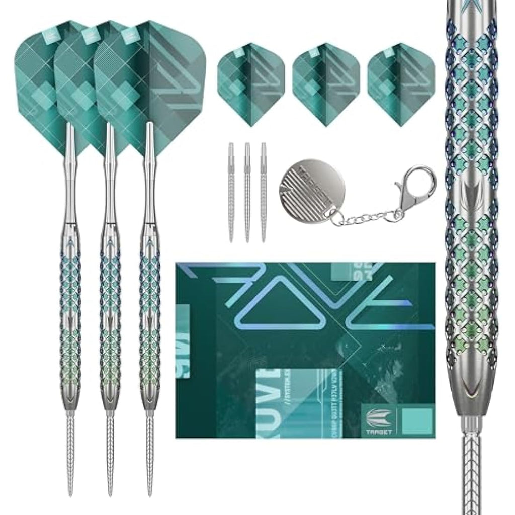 TARGET Darts Rove Steel Tip Swiss Point Darts, 90% Tungsten Dart Set | Steel Tip Dart, Green & Silver Darts, Professional Dart Set with Swiss Points & Tool | Barrel 01/02/03 –22G/23G/24G/25G