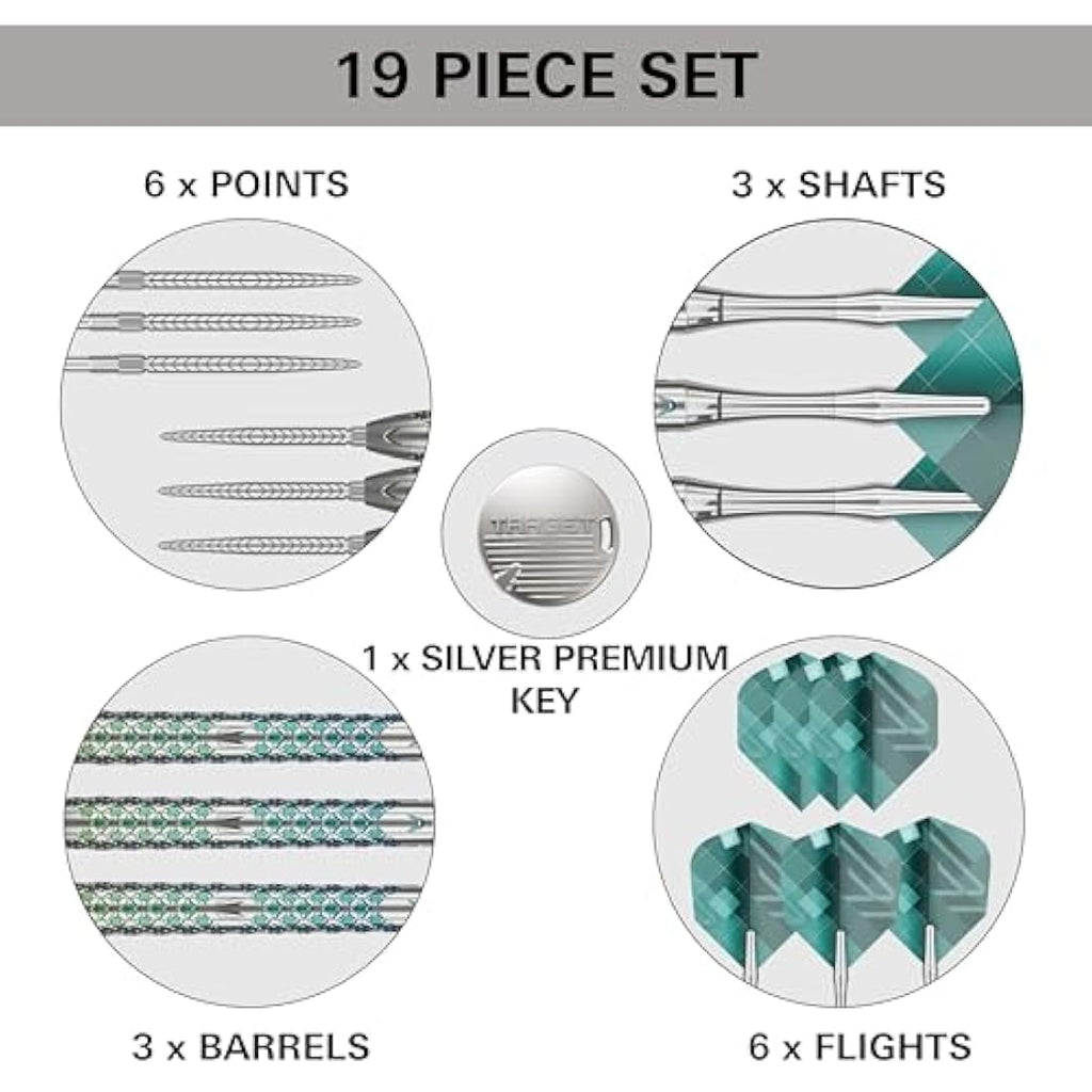 TARGET Darts Rove Steel Tip Swiss Point Darts, 90% Tungsten Dart Set | Steel Tip Dart, Green & Silver Darts, Professional Dart Set with Swiss Points & Tool | Barrel 01/02/03 –22G/23G/24G/25G