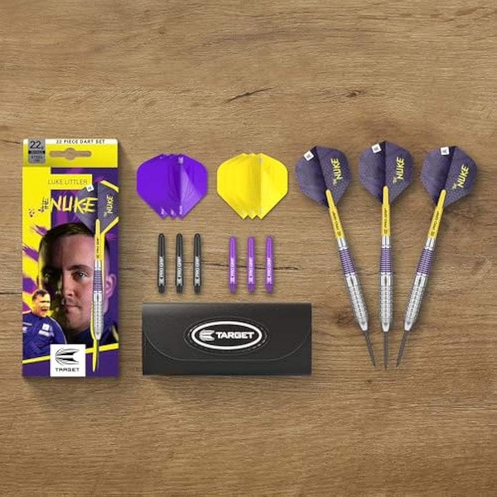 TARGET Darts Luke Littler Set – 22G Steel Tip Brass Darts or 85-Piece Dart Accessories Pack | The Nuke Player Edition Professional Darts & Accessories, Pro Grip Dart Shafts, Pro Ultra Flights
