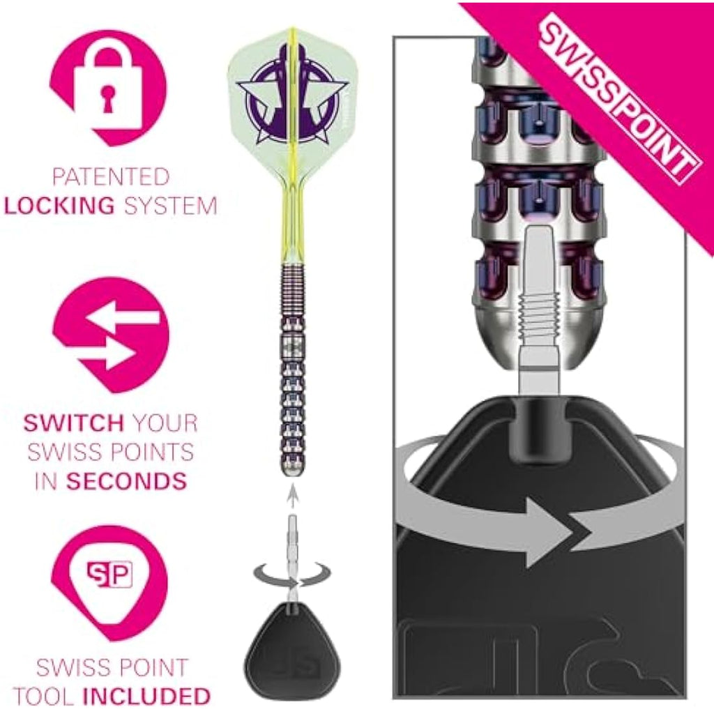 Target Darts Luke Littler World Champion Steel Tip Swiss Point Darts, 90% Tungsten Dart Set, 23G | The Nuke 2025 Special Edition K-Flex, Key Ring, Spare SLK Swiss Points and Premium Tool Included