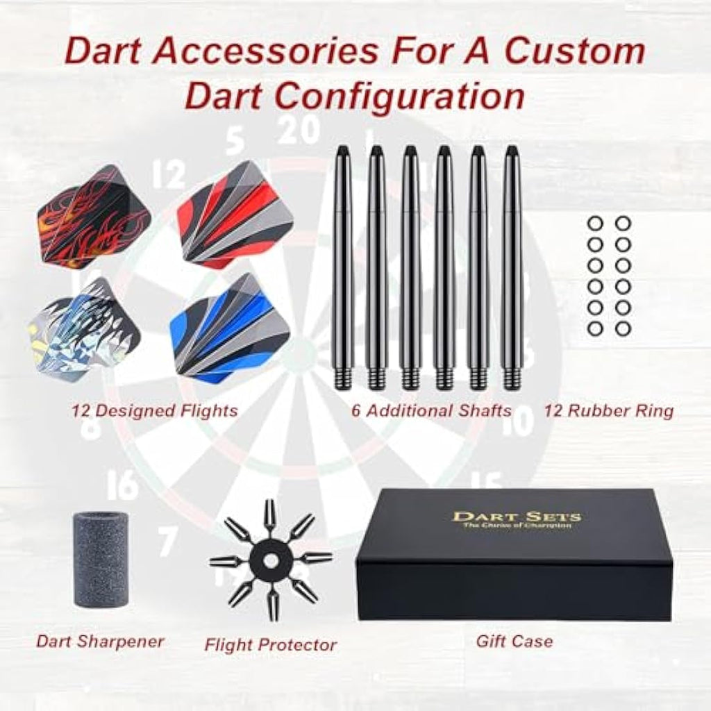 flintronic 6 Pack Steel Darts Set,Professional 22g/23g/24g Darts Tip with Non-slip Stainless Steel Shaft,4 Style Poly Flights,PVC Shafts,Dart Sharpener,Rubber Rings,Flight Protecter