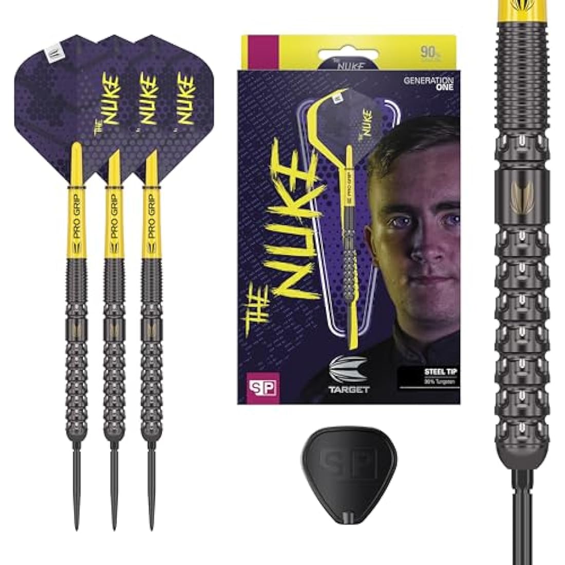 TARGET Darts Luke Littler G1 Steel Tip Swiss Point Darts, 90% Tungsten Dart, 22G/23G/24G | Generation 1 Steel Tip Dart, Player Edition Swiss Points Dart Sets with Tool, Pro Grip Shafts & No.2 Flights