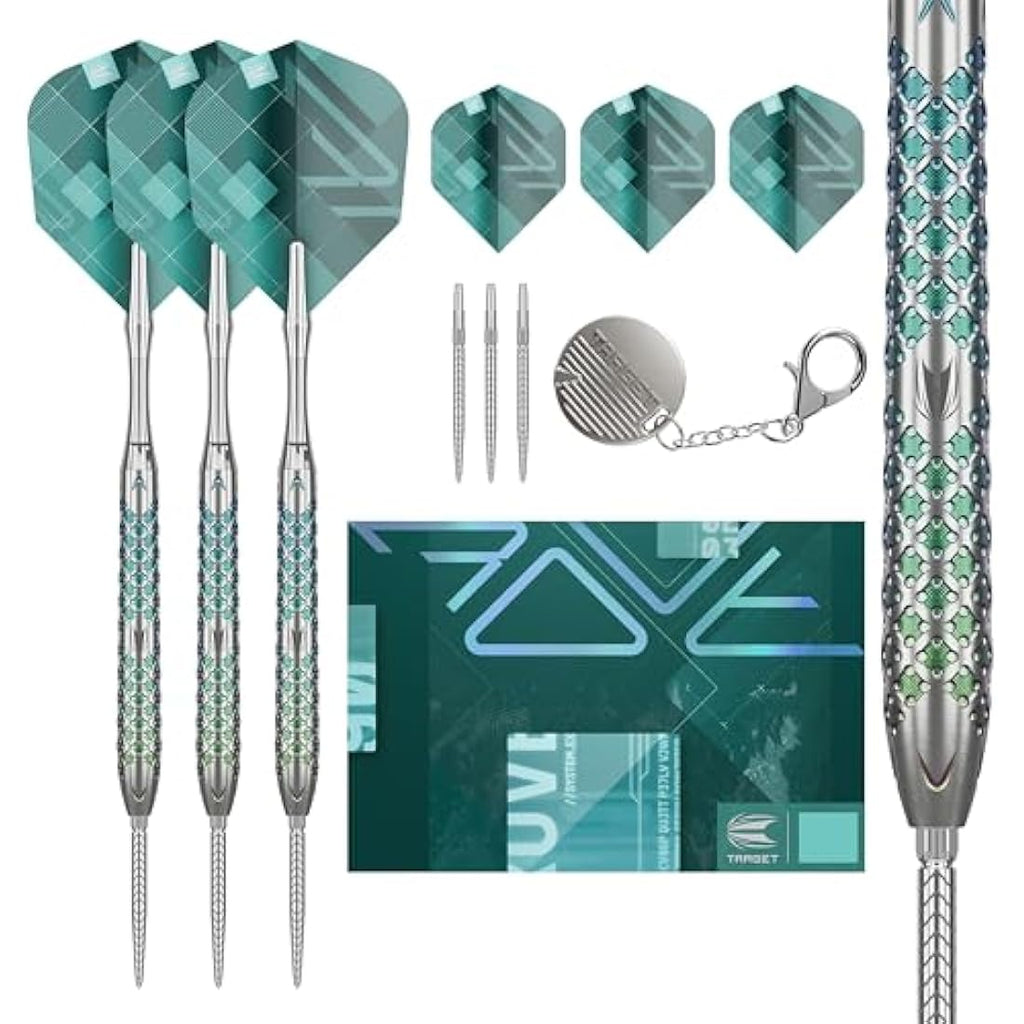 TARGET Darts Rove Steel Tip Swiss Point Darts, 90% Tungsten Dart Set | Steel Tip Dart, Green & Silver Darts, Professional Dart Set with Swiss Points & Tool | Barrel 01/02/03 –22G/23G/24G/25G