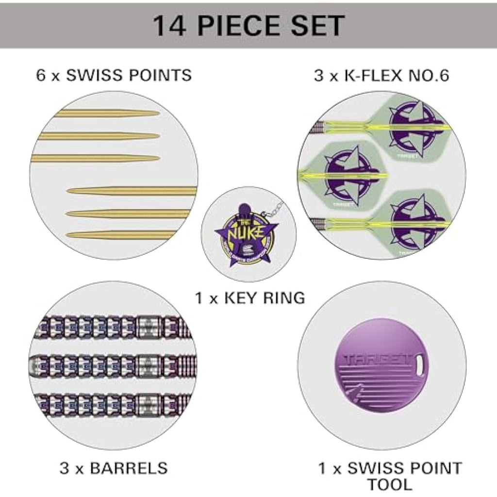 Target Darts Luke Littler World Champion Steel Tip Swiss Point Darts, 90% Tungsten Dart Set, 23G | The Nuke 2025 Special Edition K-Flex, Key Ring, Spare SLK Swiss Points and Premium Tool Included
