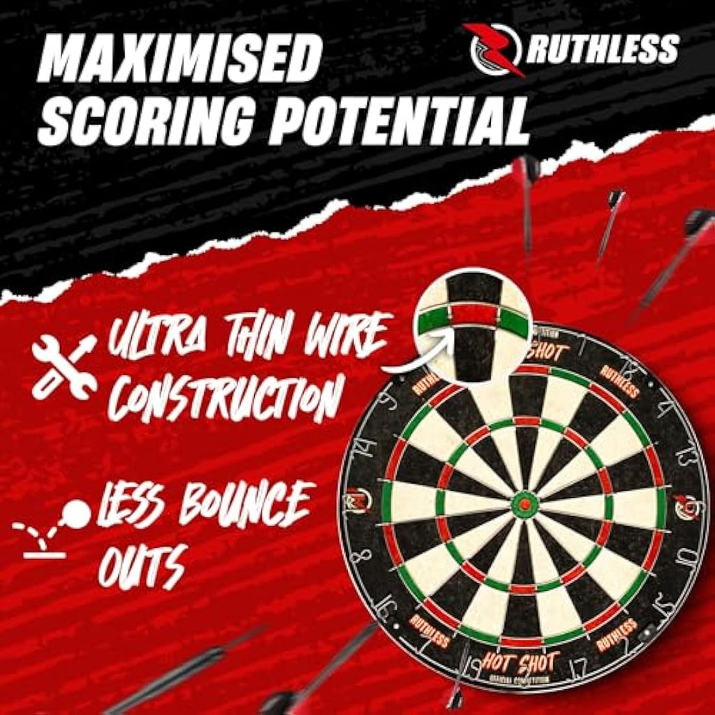 Ruthless Hot Shot Dart Board | Endurance Round Wire Sisal Dartboard Set Including 2 sets of Steel Tip Darts