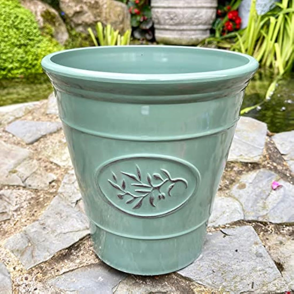 Darthome Glossy Round Planter Ceramic Effect Plastic Light Classic Garden Flower Pot Blue Grey Green 23cm (Green)
