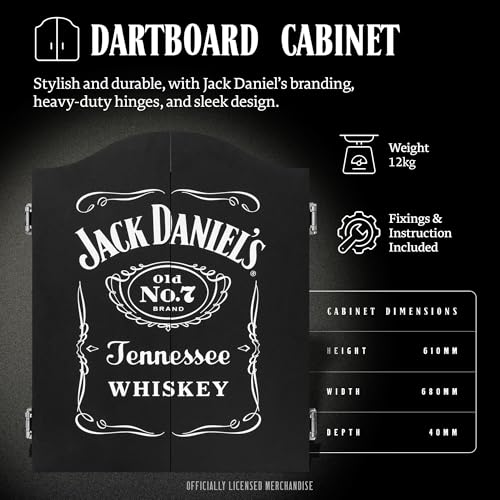 Officially Licensed Jack Daniel's Printed Darts Home Centre in Black Including Dartboard | JD Logo (CAB512)