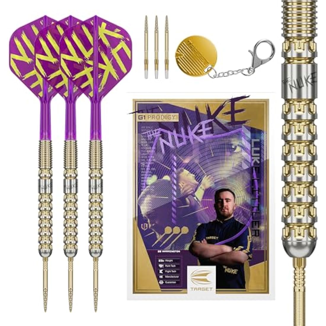 TARGET Darts Luke Littler Gen 1 Prodigy Steel Tip Swiss Point Darts, 90% Tungsten Darts, 22G/23G/24G | Generation 1 Gold Steel Tip Darts, G1 Player Edition Swiss Points Dart Sets, Flights and Shafts