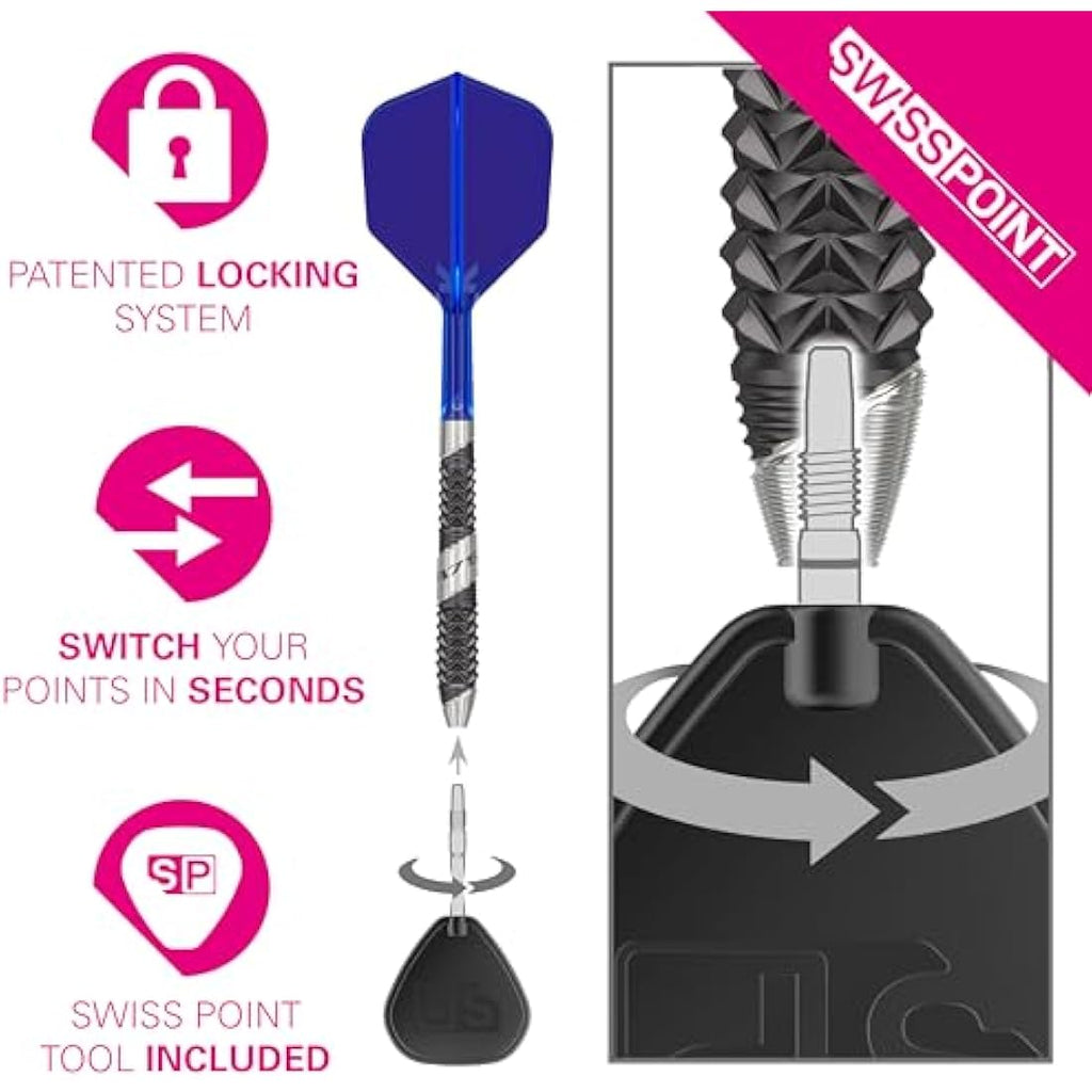 TARGET Darts 975 Ultra Marine 97.5% Tungsten Swiss Point Steel Tip Darts Set with K-Flex