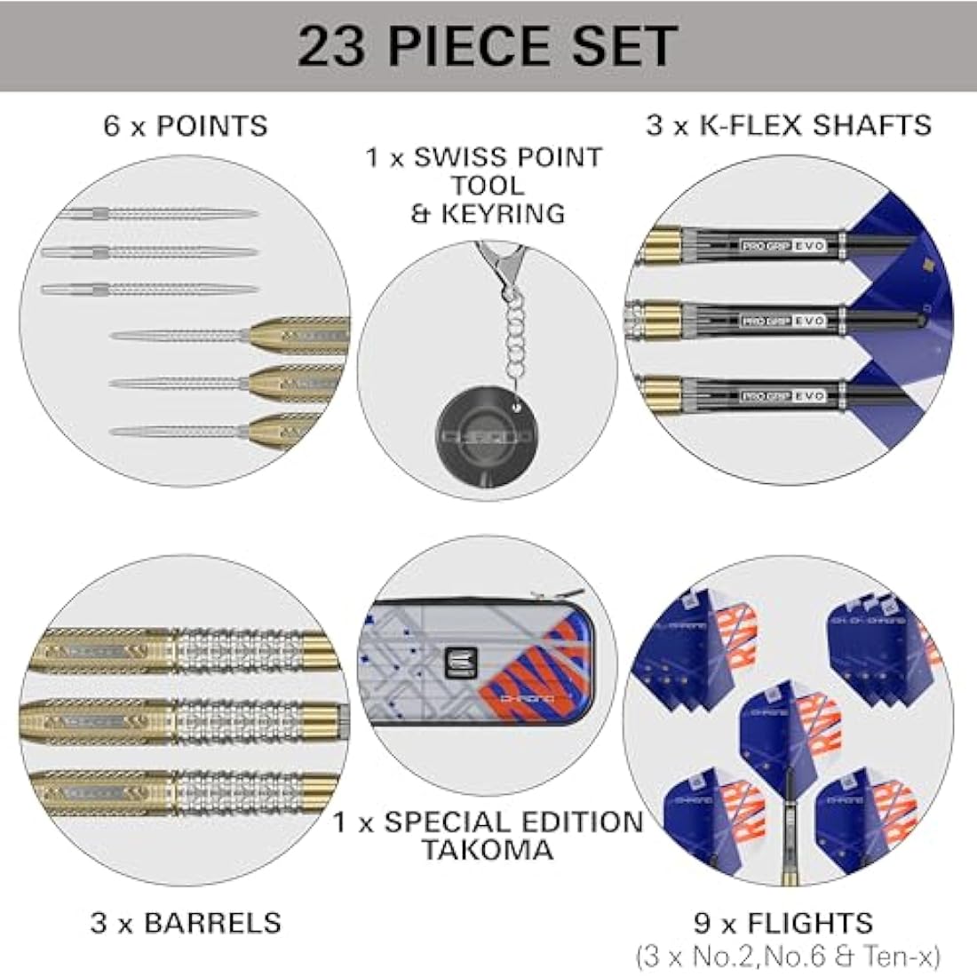 TARGET Darts Raymond van Barneveld Chrono Steel Tip Swiss Point Darts, 95% Tungsten Dart Set, 21G/23G/25G | Includes Dart Storage Case Takoma Wallet, Extra Dart Flights, Swiss Dart Points & SP Tool