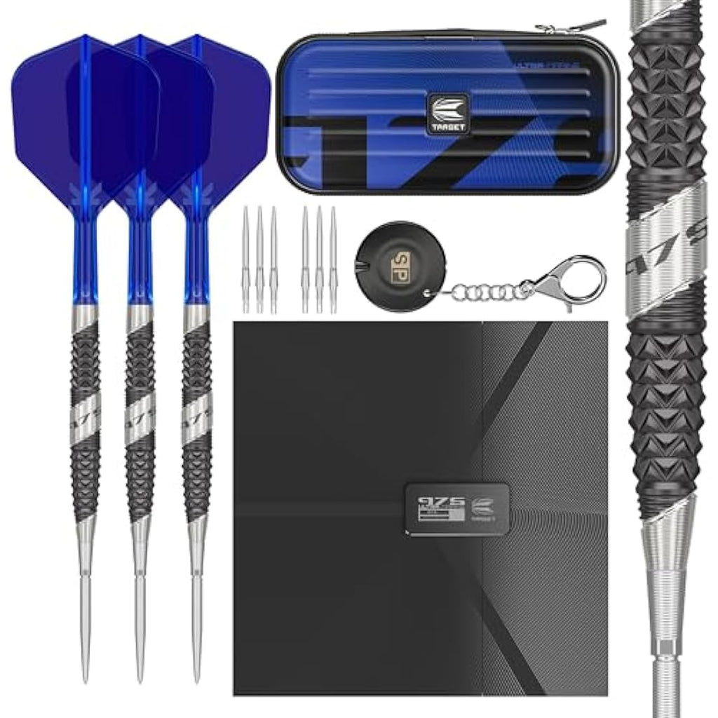 TARGET Darts 975 Ultra Marine 97.5% Tungsten Swiss Point Steel Tip Darts Set with K-Flex