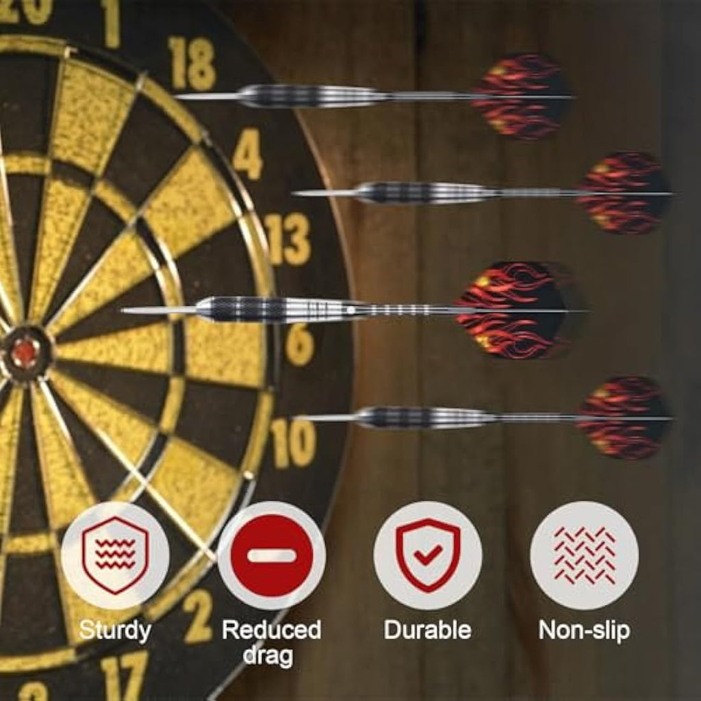 flintronic 6 Pack Steel Darts Set,Professional 22g/23g/24g Darts Tip with Non-slip Stainless Steel Shaft,4 Style Poly Flights,PVC Shafts,Dart Sharpener,Rubber Rings,Flight Protecter