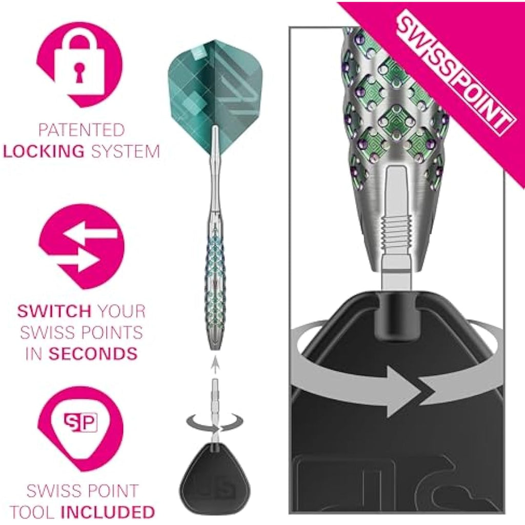 TARGET Darts Rove Steel Tip Swiss Point Darts, 90% Tungsten Dart Set | Steel Tip Dart, Green & Silver Darts, Professional Dart Set with Swiss Points & Tool | Barrel 01/02/03 –22G/23G/24G/25G