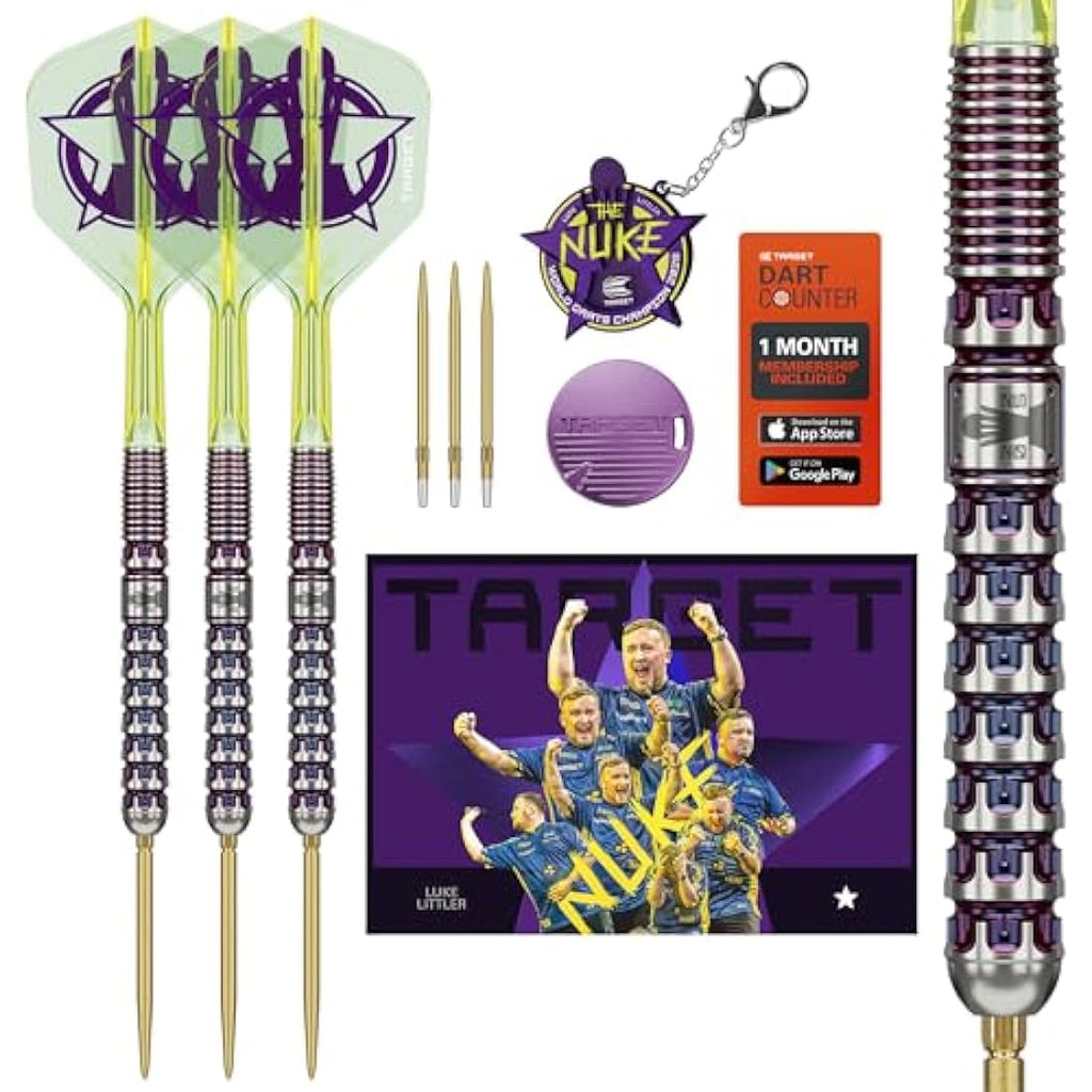 Target Darts Luke Littler World Champion Steel Tip Swiss Point Darts, 90% Tungsten Dart Set, 23G | The Nuke 2025 Special Edition K-Flex, Key Ring, Spare SLK Swiss Points and Premium Tool Included