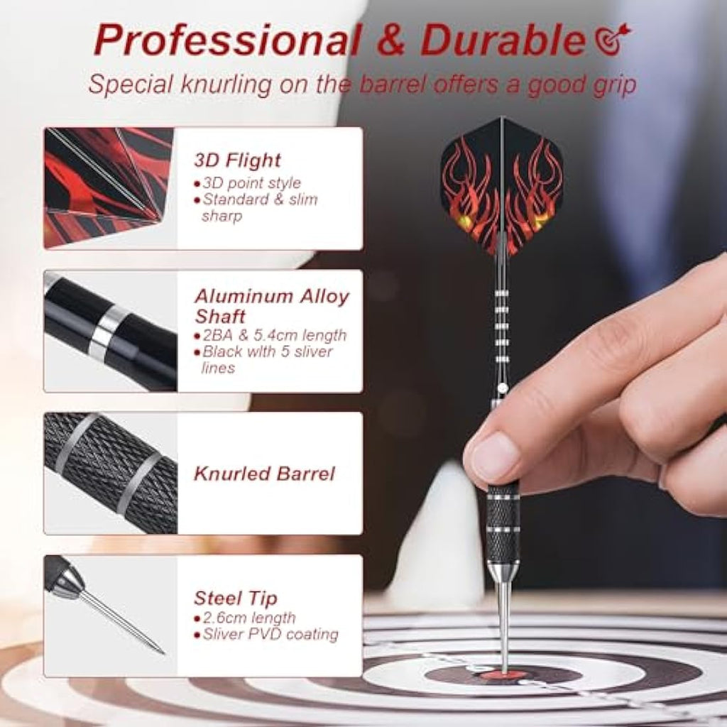 flintronic 6 Pack Steel Darts Set,Professional 22g/23g/24g Darts Tip with Non-slip Stainless Steel Shaft,4 Style Poly Flights,PVC Shafts,Dart Sharpener,Rubber Rings,Flight Protecter