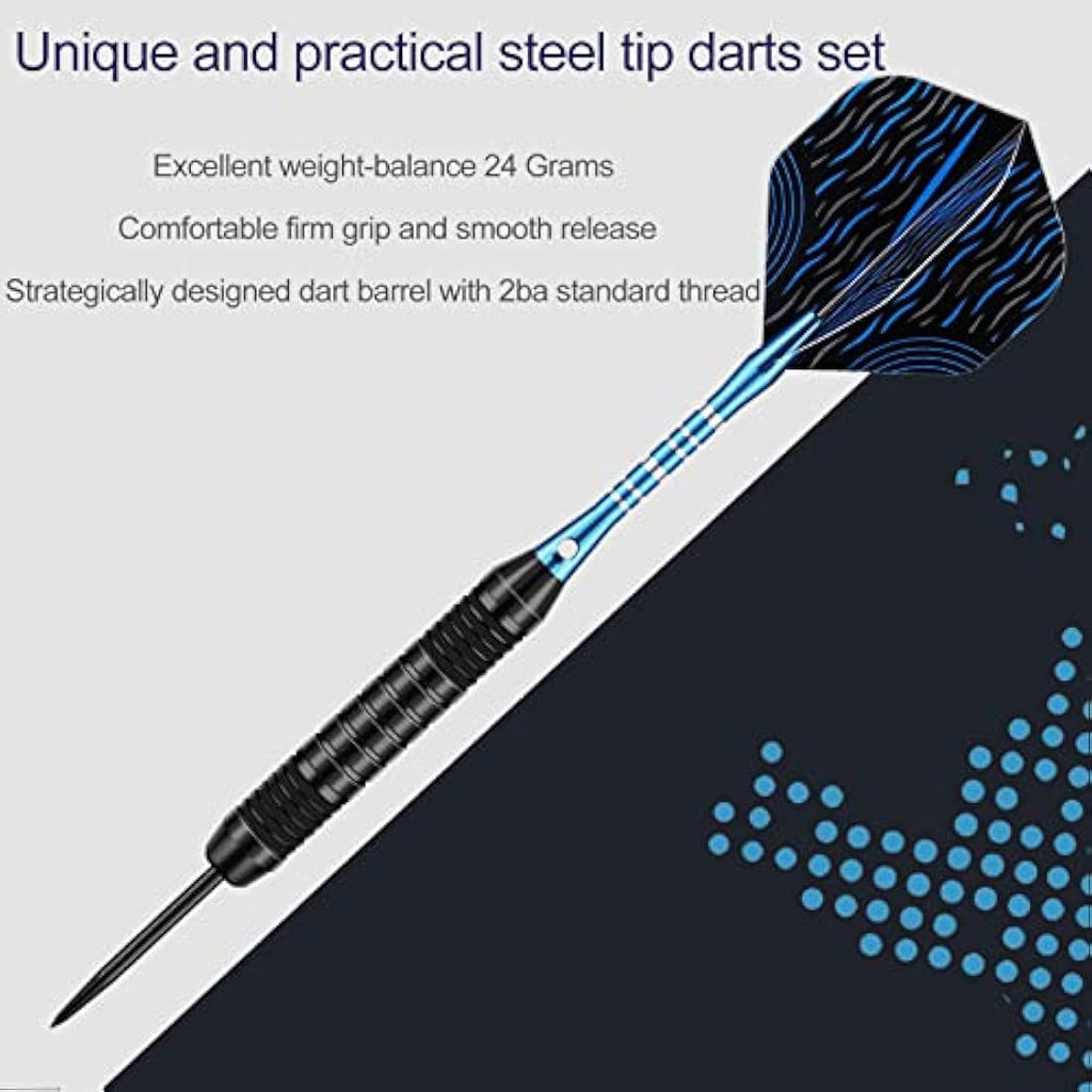DARTSPACE 12 Pack Steel Tip Darts Set 22 24 Grams, Metal Tip Darts with Premium Black Blue Purple Darts Stem 24 Flights Extra 50 Rubber O-Rings 1 Dart Sharpener for Dart Board
