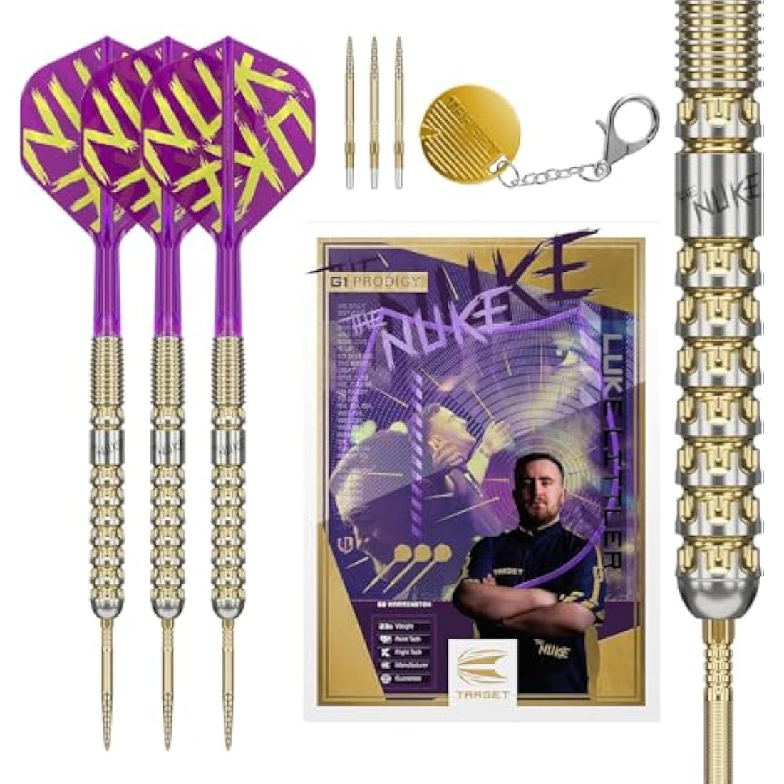 TARGET Darts Luke Littler Gen 1 Prodigy Steel Tip Swiss Point Darts, 90% Tungsten Darts, 22G/23G/24G | Generation 1 Gold Steel Tip Darts, G1 Player Edition Swiss Points Dart Sets, Flights and Shafts