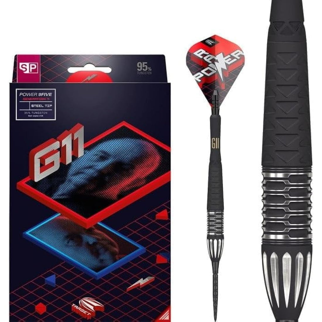 TARGET Darts Phil Taylor Gen 11 Power 9-Five Steel Tip Swiss Point Darts (3) Swiss Point Tool, 95% Tungsten Raw Power G11 | Generation 11 Phil Taylor Darts, Player Edition Swiss Points Dart Set