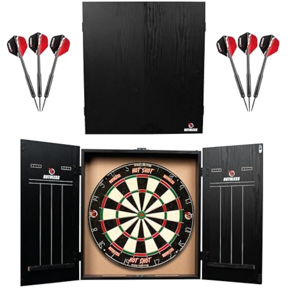 Ruthless Home Darts Centre | Complete Home Dart Board Centre Including Cabinet, Dartboard and 2 Sets of Darts