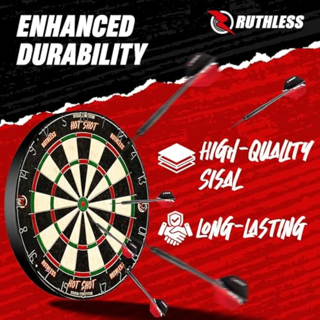 Ruthless Hot Shot Dart Board | Endurance Round Wire Sisal Dartboard Set Including 2 sets of Steel Tip Darts