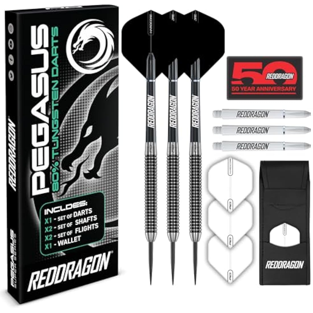 RED DRAGON Pegasus Professional Tungsten Steeltip Darts Set Available in 21, 23, 24, 25, 26, 28, 30 Gram with Flights, Stems (Shafts) and Wallet