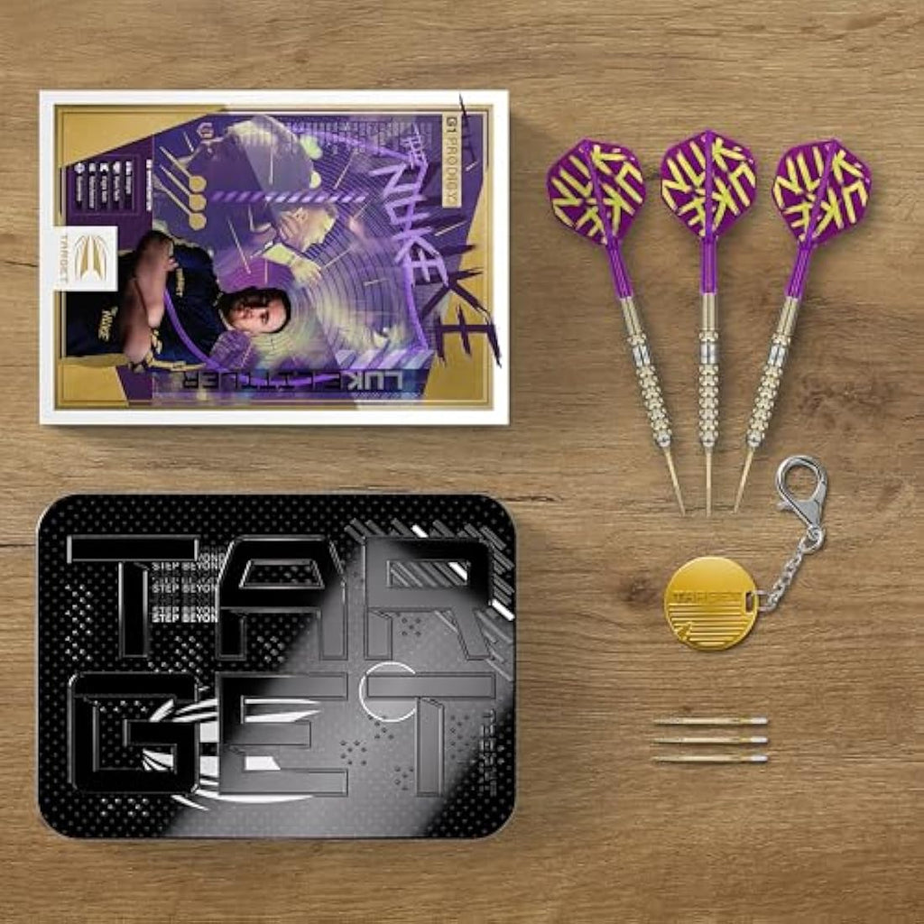 TARGET Darts Luke Littler Gen 1 Prodigy Steel Tip Swiss Point Darts, 90% Tungsten Darts, 22G/23G/24G | Generation 1 Gold Steel Tip Darts, G1 Player Edition Swiss Points Dart Sets, Flights and Shafts