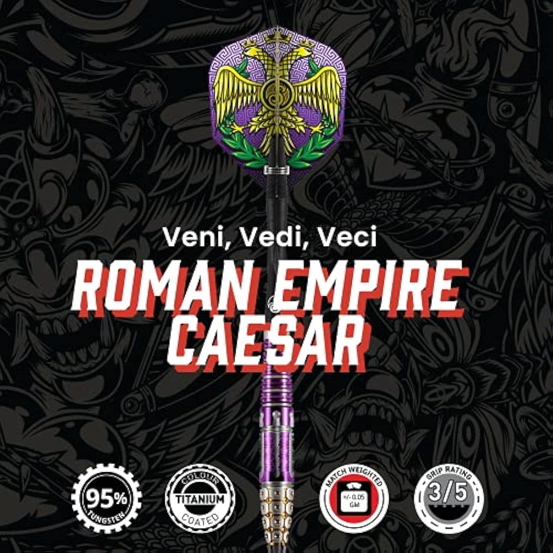 Shot! Darts Roman Empire Caesar Steel Tip Dart Set Center Weighted 95% Tungsten Barrels