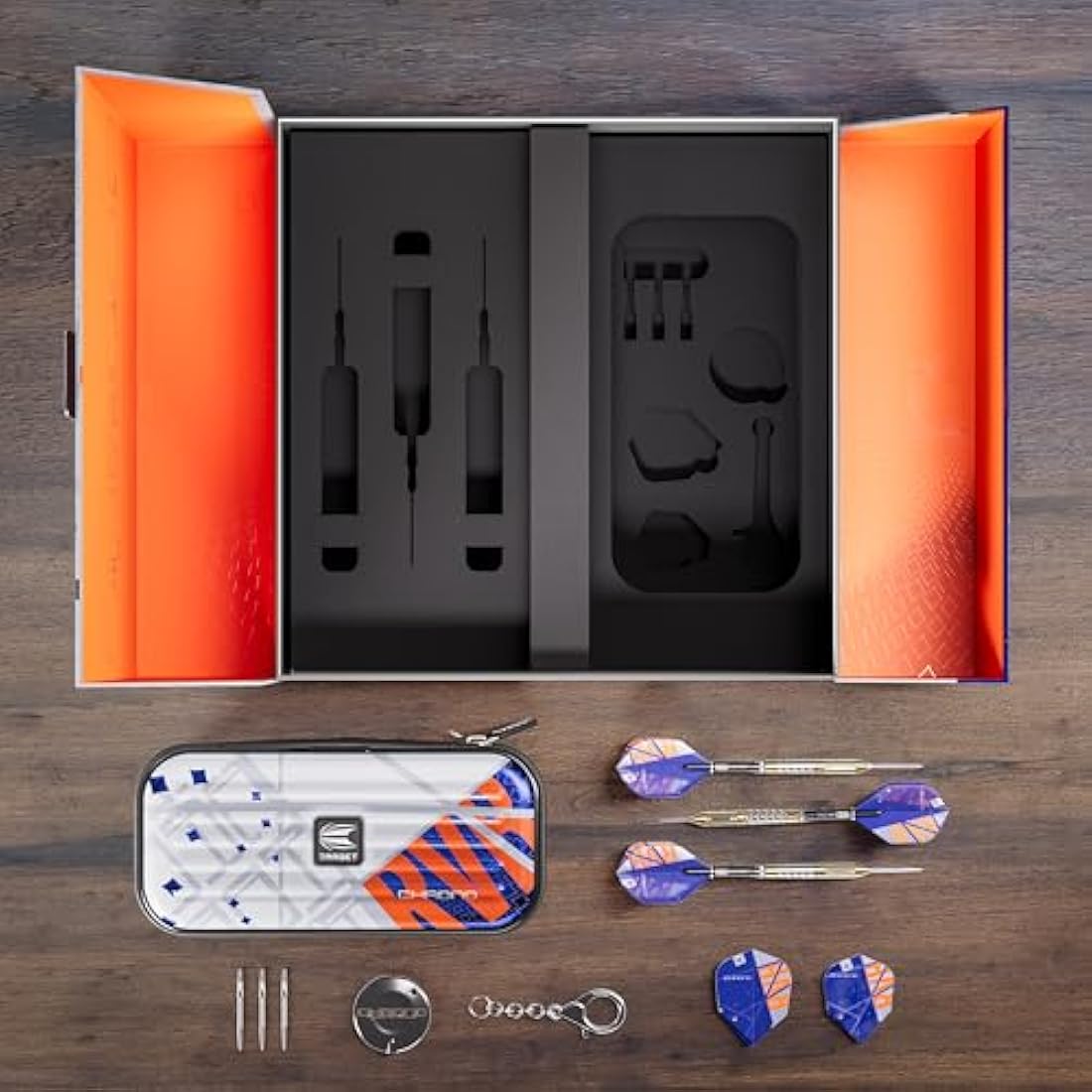 TARGET Darts Raymond van Barneveld Chrono Steel Tip Swiss Point Darts, 95% Tungsten Dart Set, 21G/23G/25G | Includes Dart Storage Case Takoma Wallet, Extra Dart Flights, Swiss Dart Points & SP Tool
