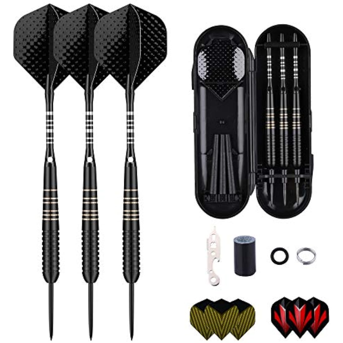sanfeng Professional 3 Pack 22g, 23g, 24g, 27g Steel Tip Darts Set With Darts Stems Flights + 50pcs Rubber O-Rings + 12pcs Spring Rings + 1pcs Dart Sharpener Tool for Dart Board