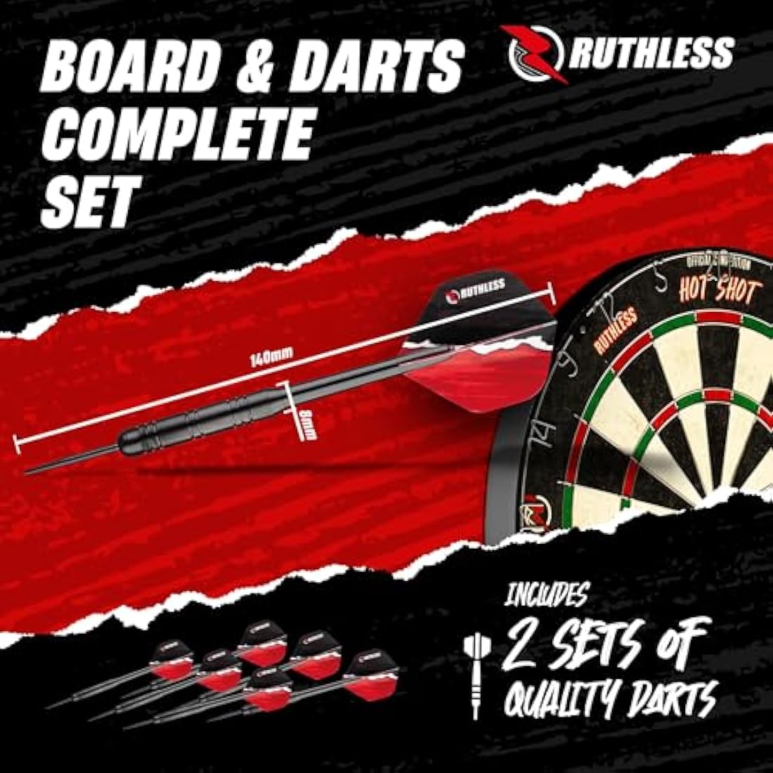 Ruthless Hot Shot Dart Board | Endurance Round Wire Sisal Dartboard Set Including 2 sets of Steel Tip Darts