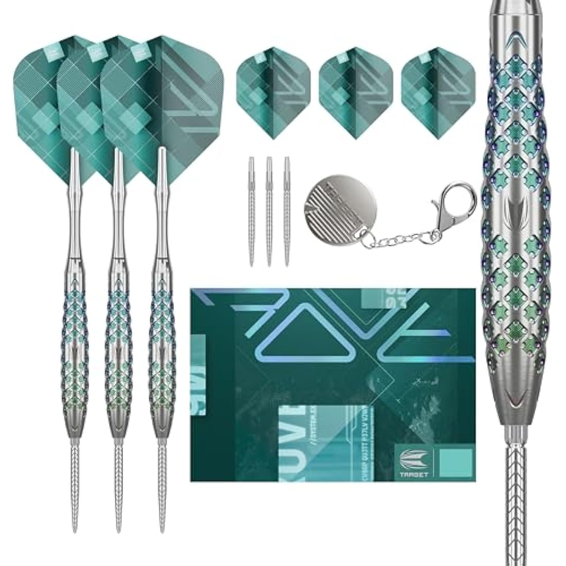 TARGET Darts Rove Steel Tip Swiss Point Darts, 90% Tungsten Dart Set | Steel Tip Dart, Green & Silver Darts, Professional Dart Set with Swiss Points & Tool | Barrel 01/02/03 –22G/23G/24G/25G