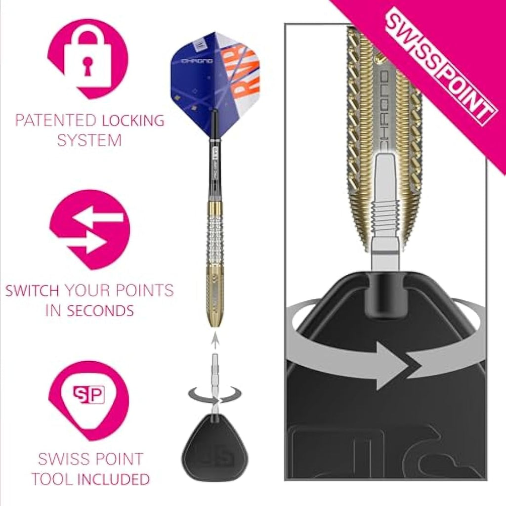 TARGET Darts Raymond van Barneveld Chrono Steel Tip Swiss Point Darts, 95% Tungsten Dart Set, 21G/23G/25G | Includes Dart Storage Case Takoma Wallet, Extra Dart Flights, Swiss Dart Points & SP Tool